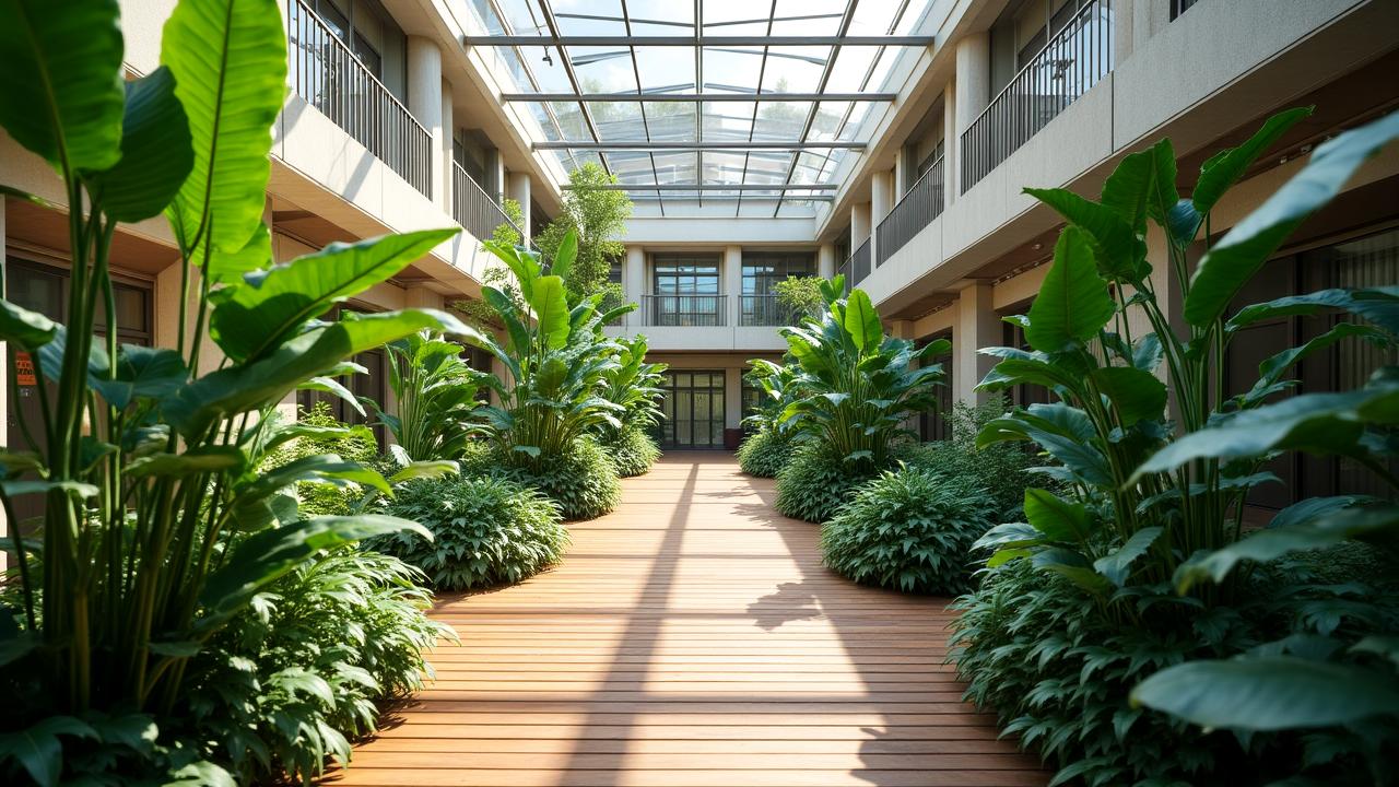 Un patio d'hôpital luxuriant avec une végétation dense et apaisante