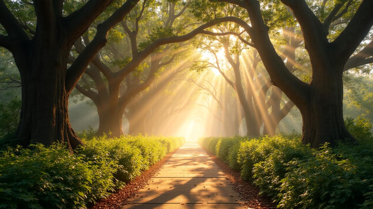 Une forêt urbaine luxuriante traversée par la lumière du matin, illustrant la résilience et la sérénité.